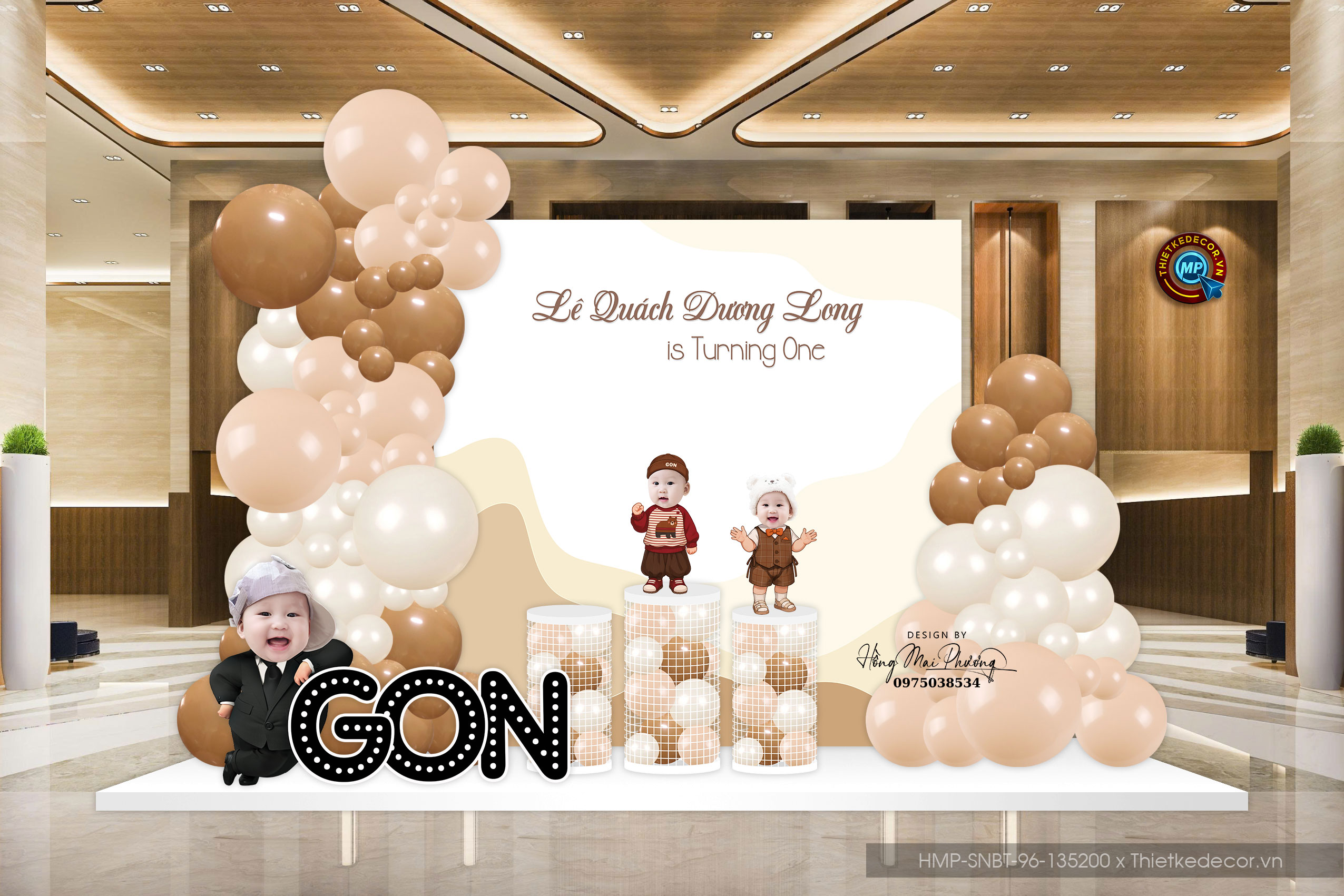 Trang trí tiệc sinh nhật. File thiết kế Backdrop sinh nhật bé trai tone nâu beige tuổi rồng.